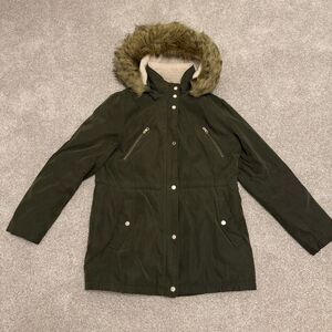 Nautica Drawstring Waist Parka Jacket Removeable Faux Fur Hood Olive Size XL